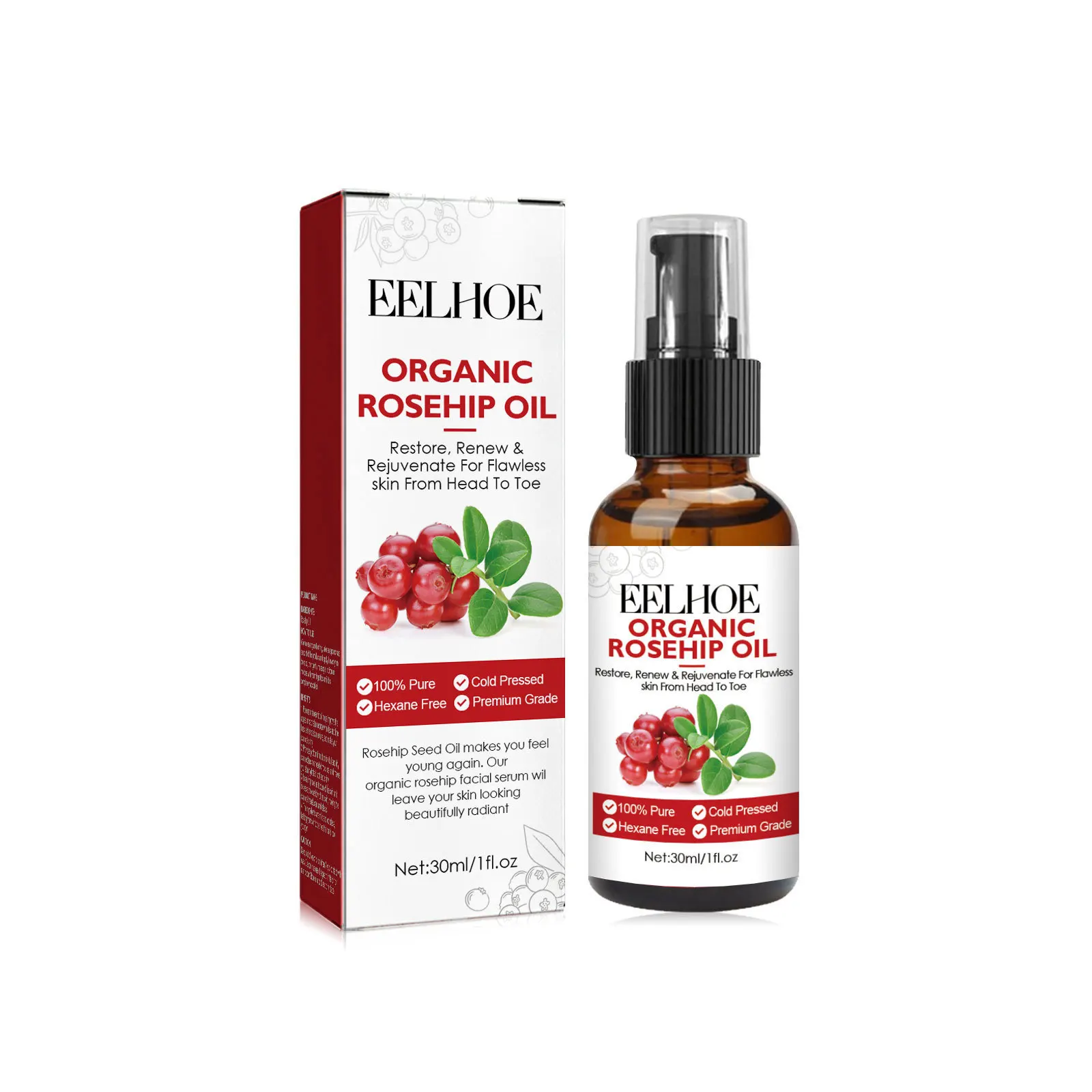 Face Oil Rosehip - 30ml Rosehip Oil Facial Serum ให้ความชุ่มชื้นและซีดจางริ้วรอย